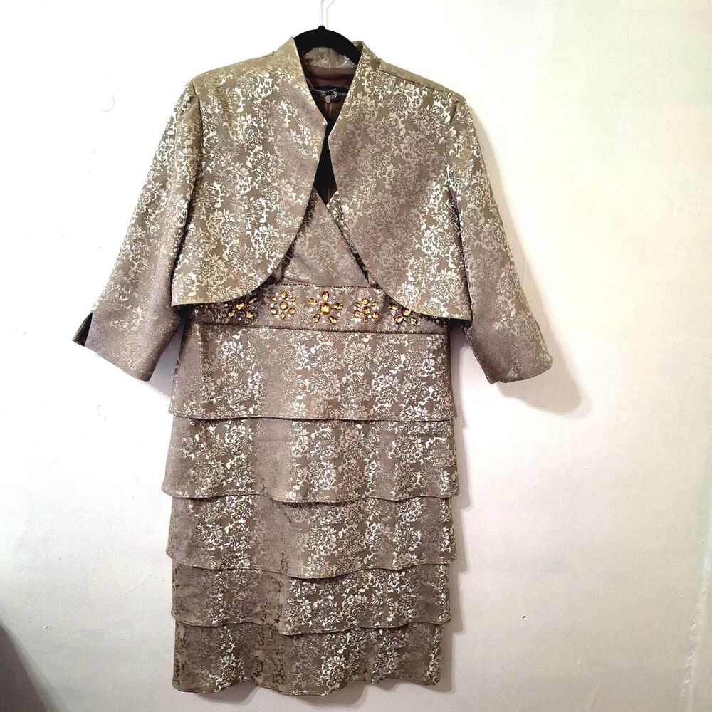 R&M Richards 2piece Dress Set 16 Tiered Ruffle Beaded Waist Bolero Vintage Style
